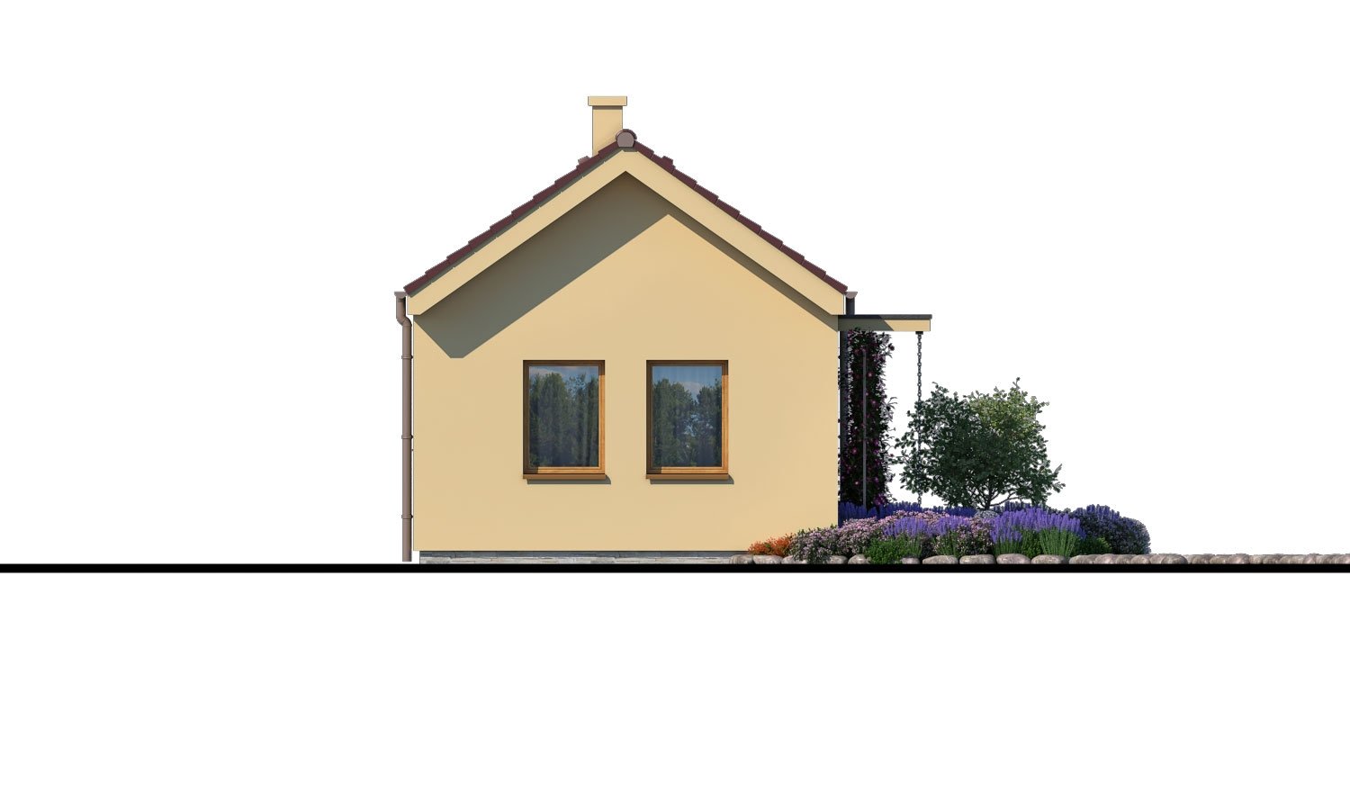 Lacný murovaný dom na úzky pozemok, vhodný aj na záhradný domček, alebo chatu. Možnosť realizácie s pultovou, alebo valbovou strechou.